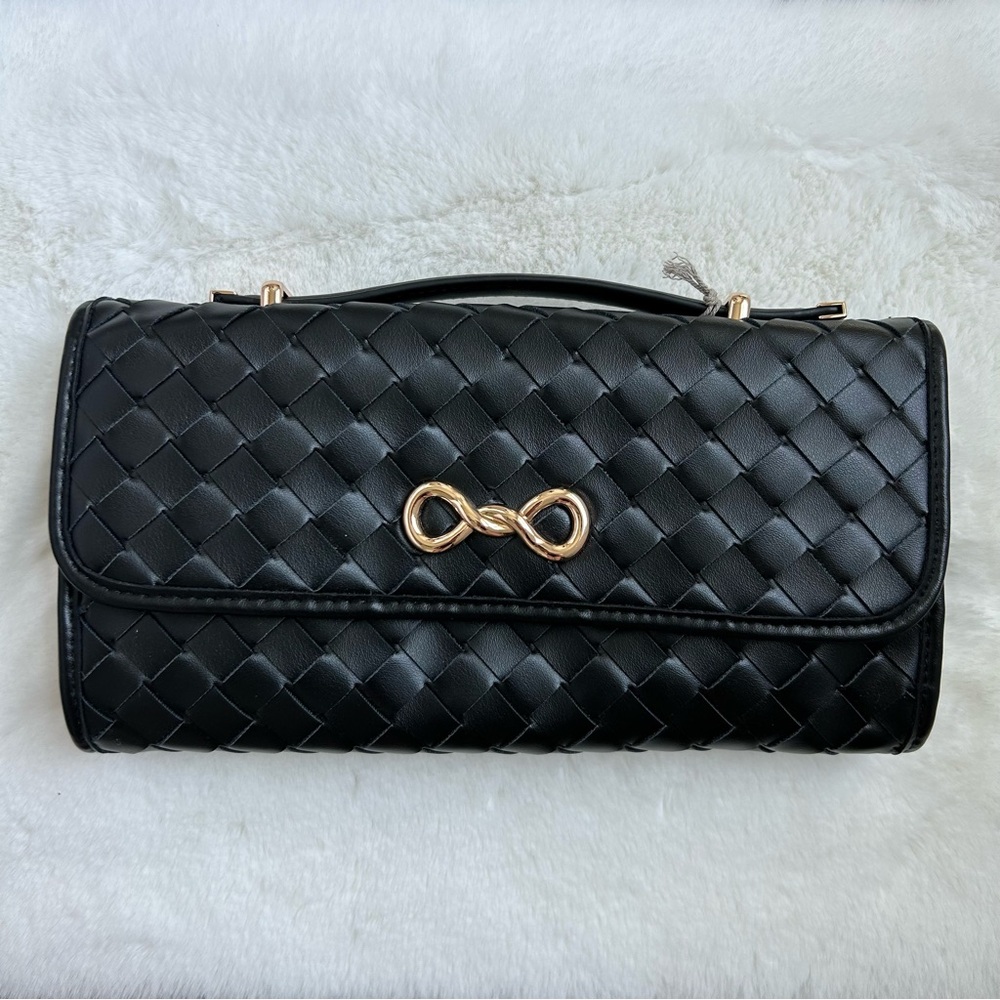 A NEW DAY NWT! Vegan Leather Clutch‎ Black Checkered Woven Handle Gold Hardware